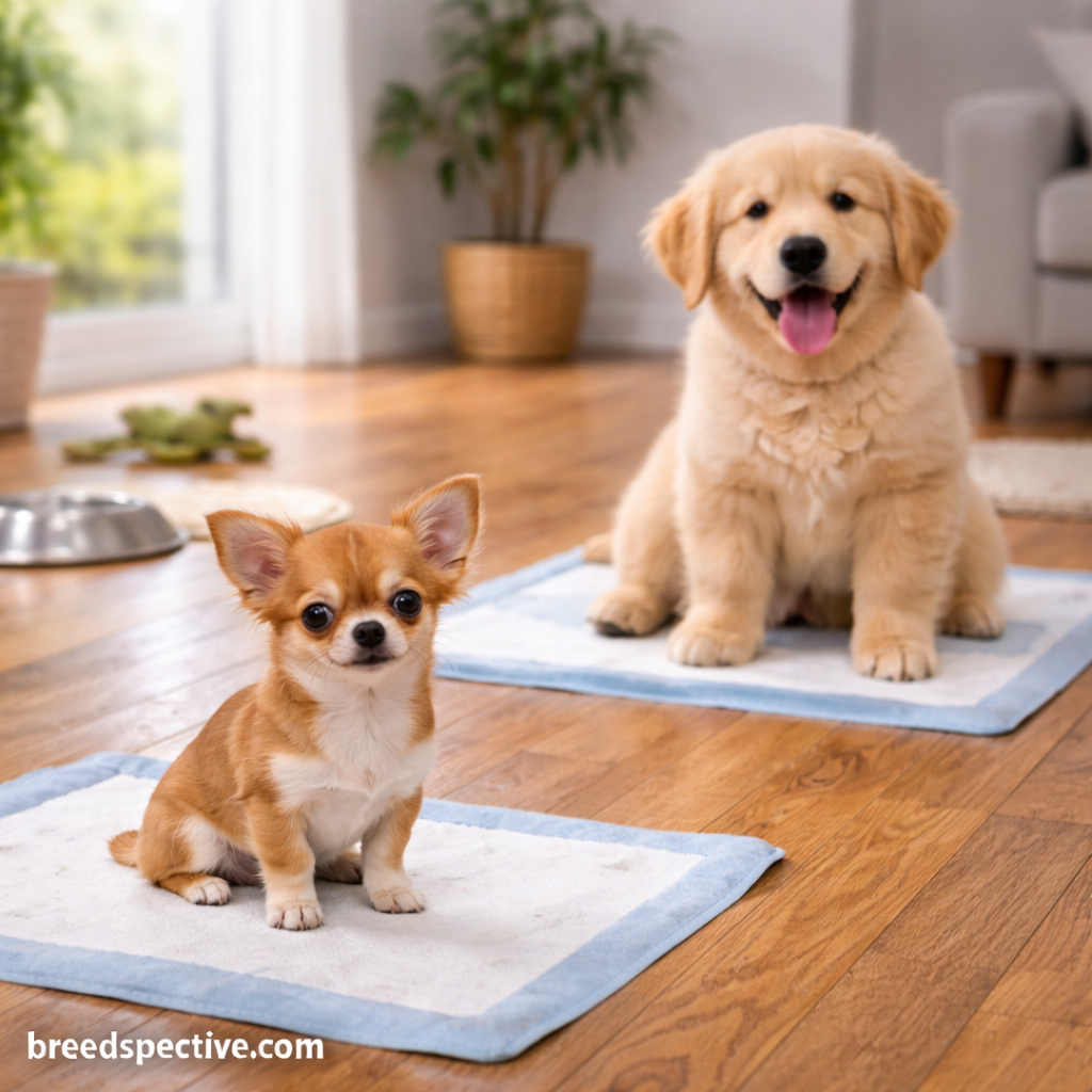 Small and large breed puppies using potty pads indoors, illustrating how potty training timelines vary by dog breed size.