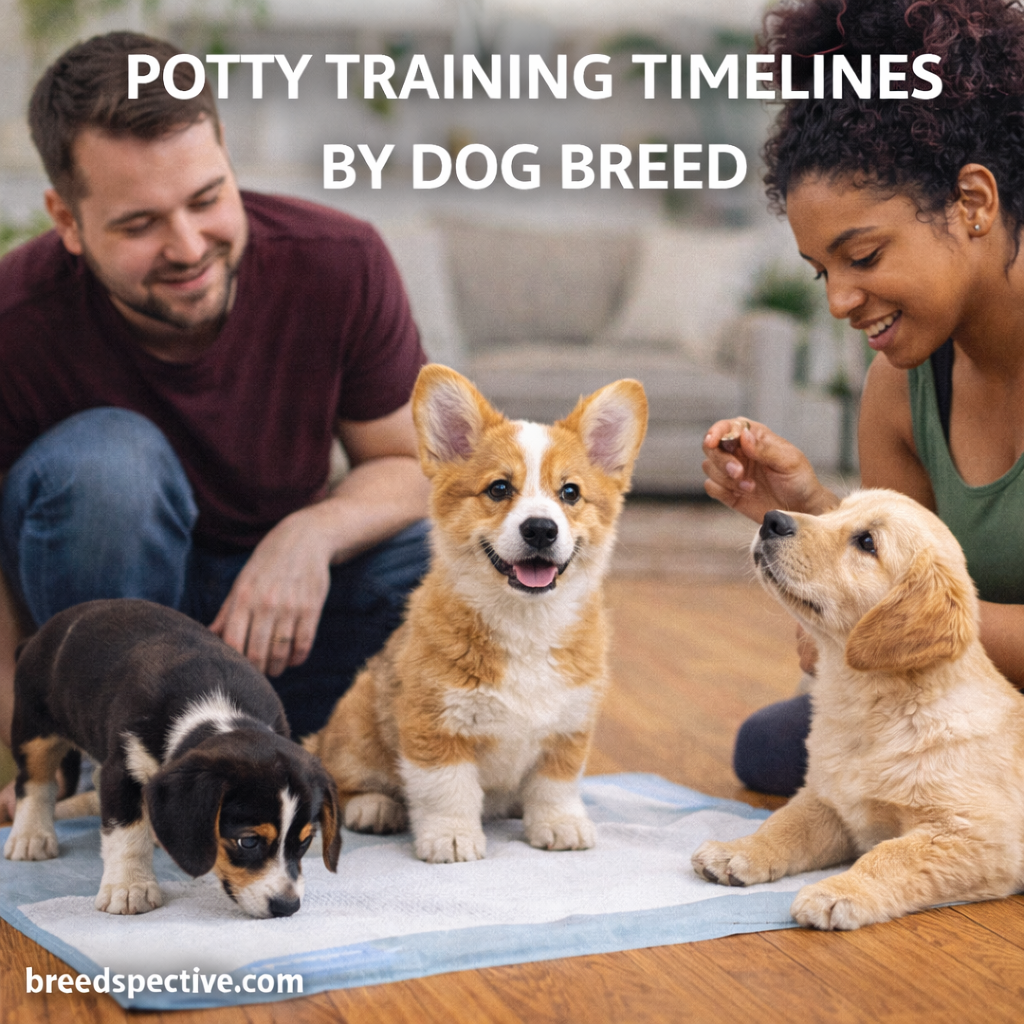 Puppies of different dog breeds practicing potty training indoors, illustrating how training timelines vary by breed.