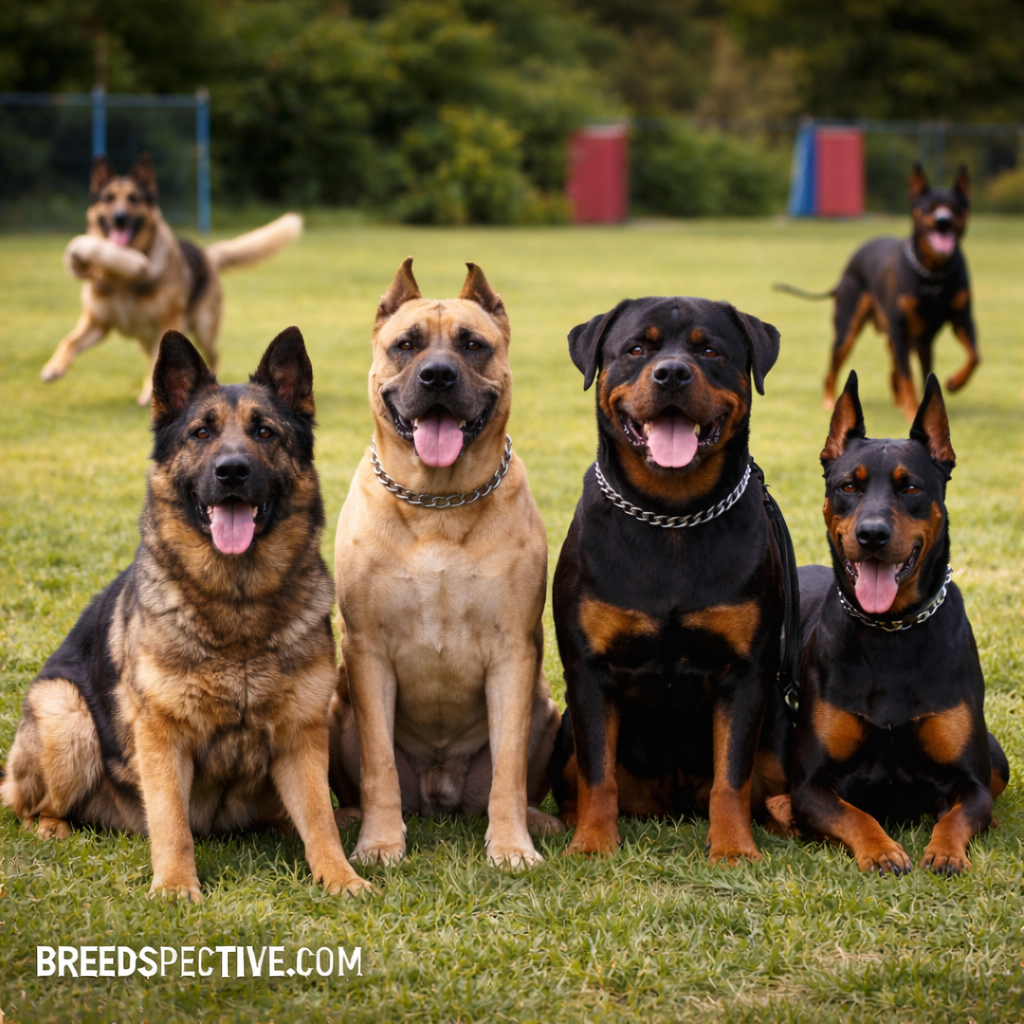 Protection dog breeds of different ages sitting and playing in a training field, illustrating physical strength and controlled behavior.