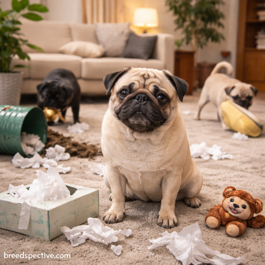 Pugs of different ages indoors showing common behavioral challenges such as boredom, anxiety, and destructive behavior.
