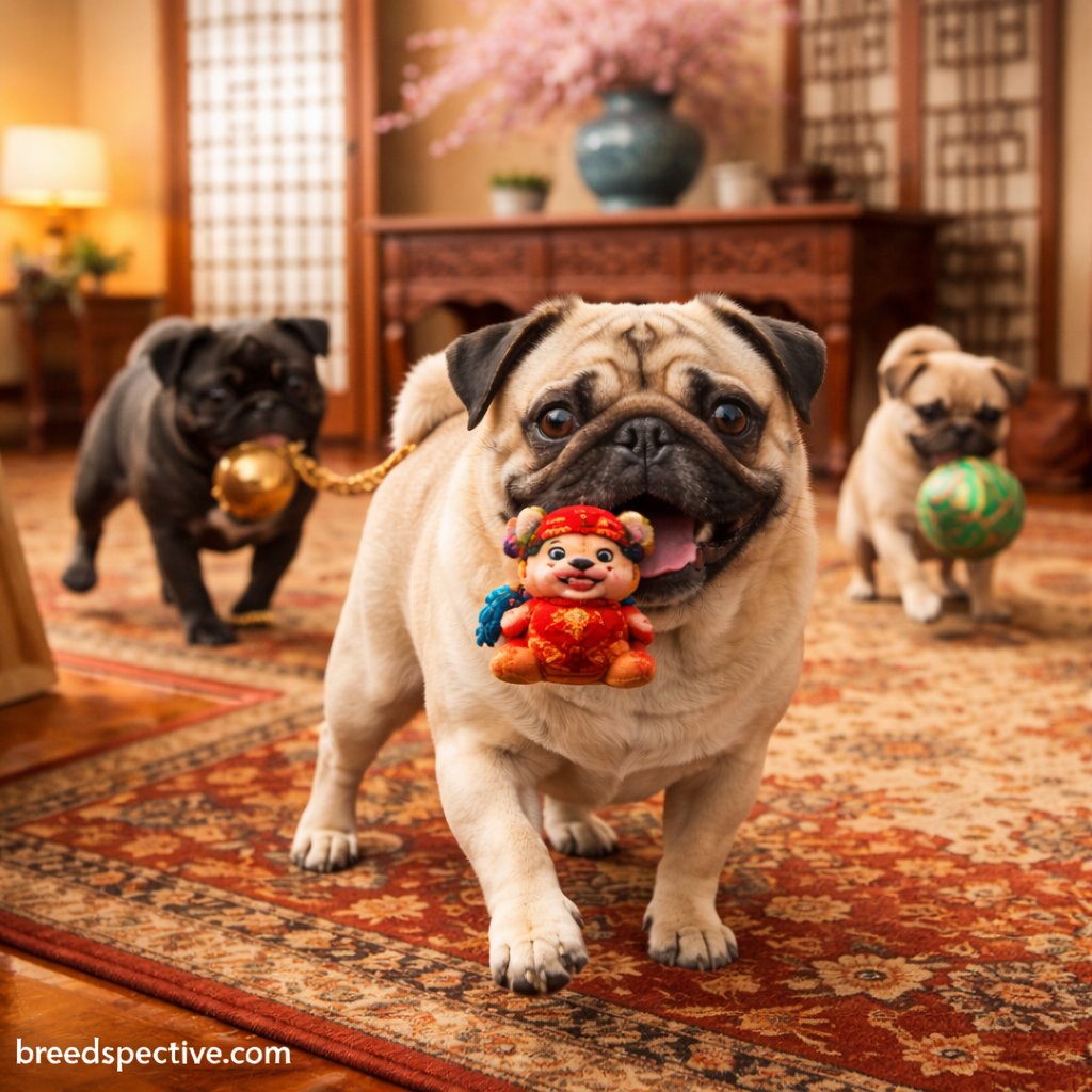 Pugs of different ages playing indoors, reflecting the breed’s ancient history as a companion dog.
