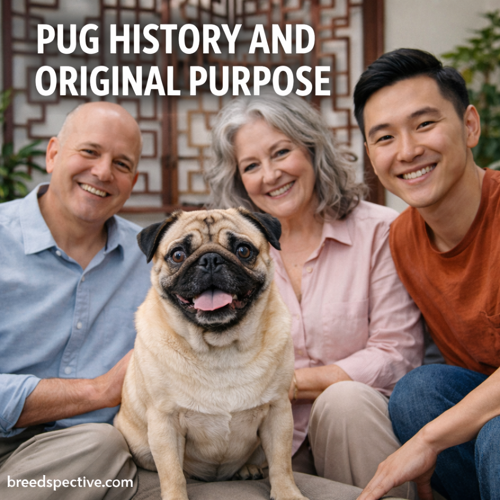Pug pictured with adults in a traditional setting, representing the breed’s historical role as a companion dog.