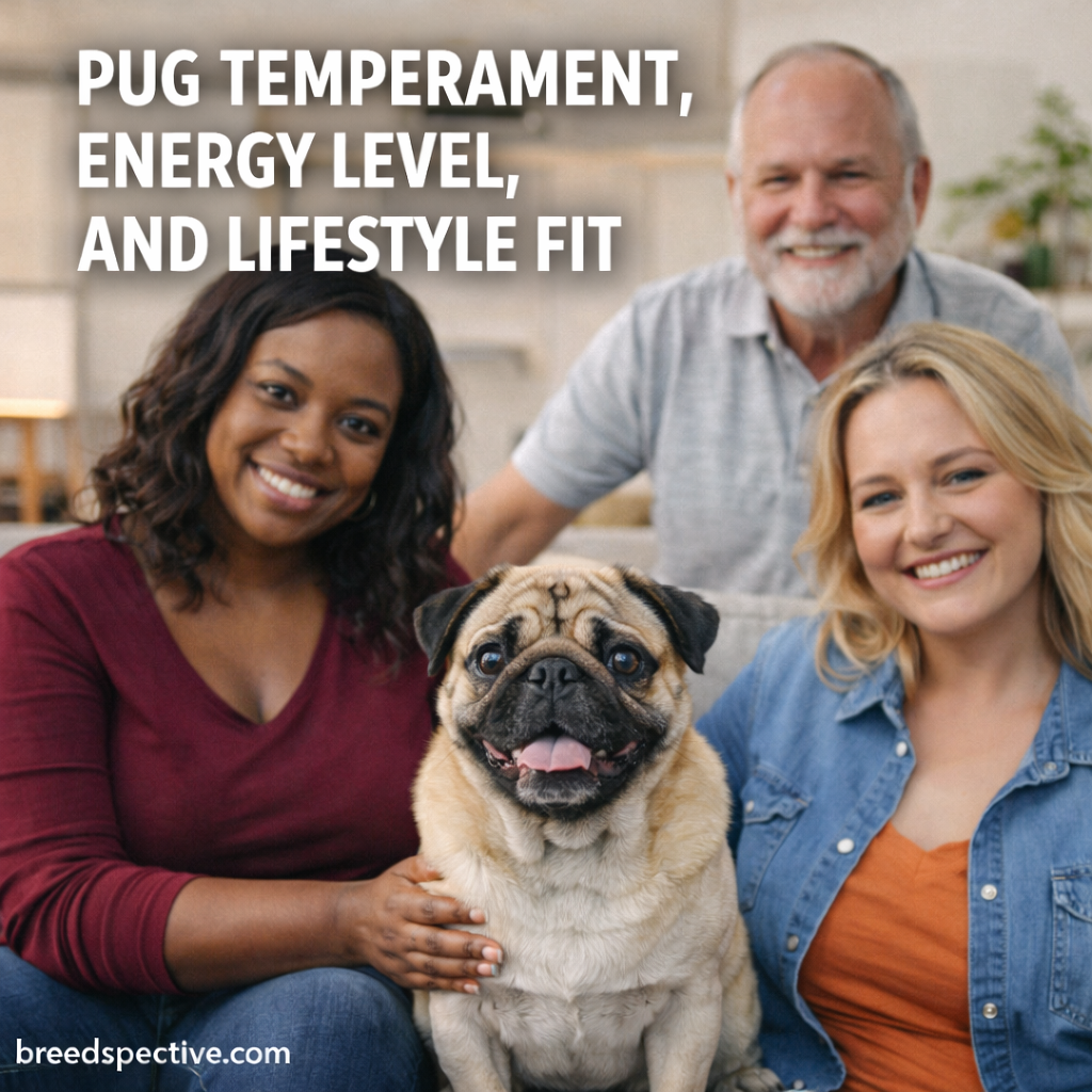 Pug sitting indoors with adults, illustrating the breed’s friendly temperament, moderate energy level, and family-friendly lifestyle fit.