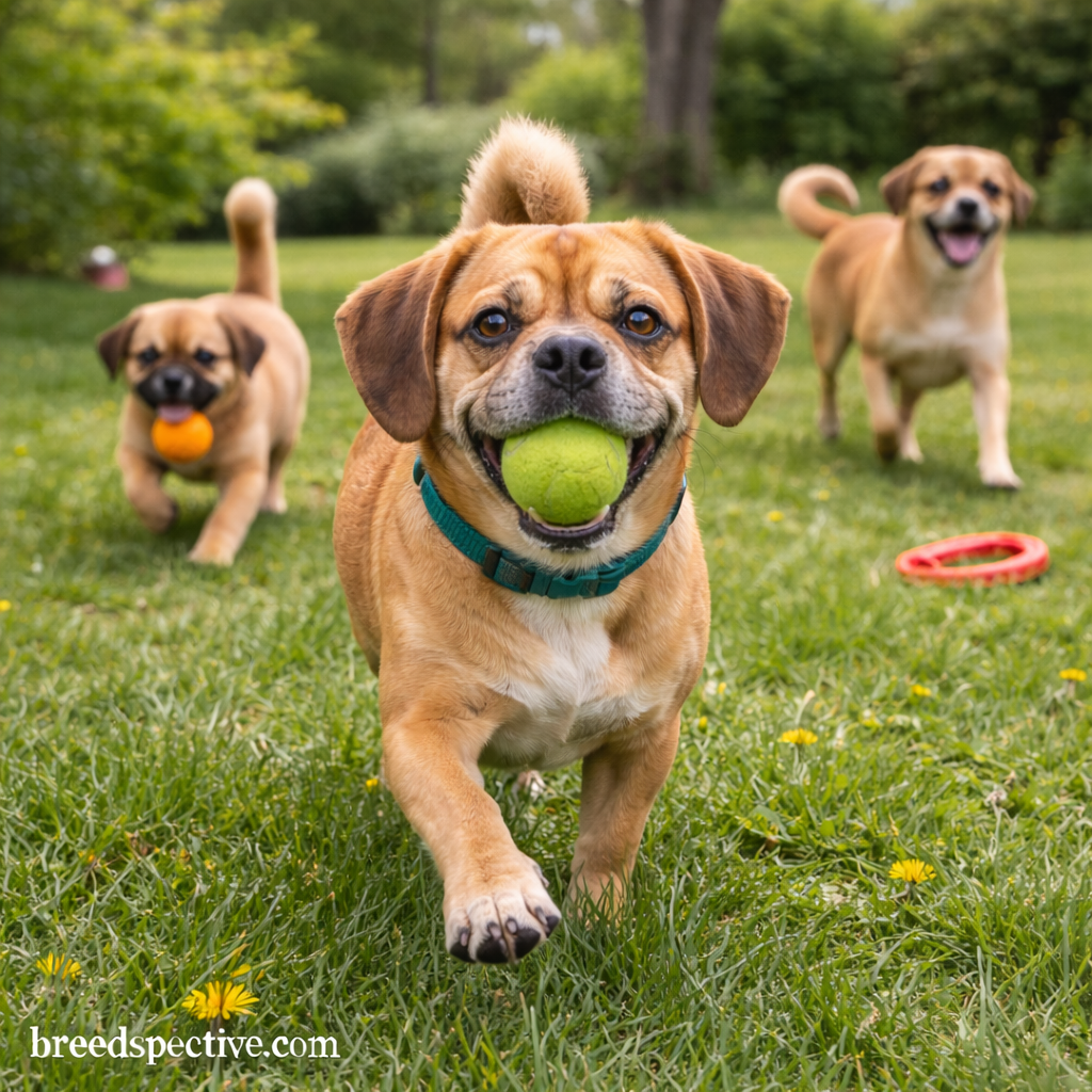 Puggle running with a tennis ball while other Puggles of different ages play in a grassy park.