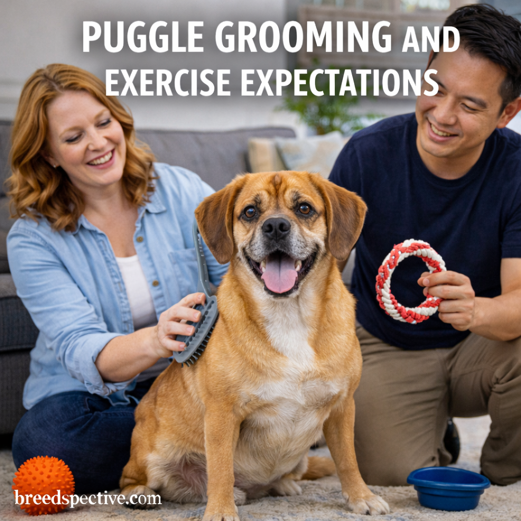 Puggle sitting indoors while being brushed and engaged with a toy, illustrating grooming and exercise needs.