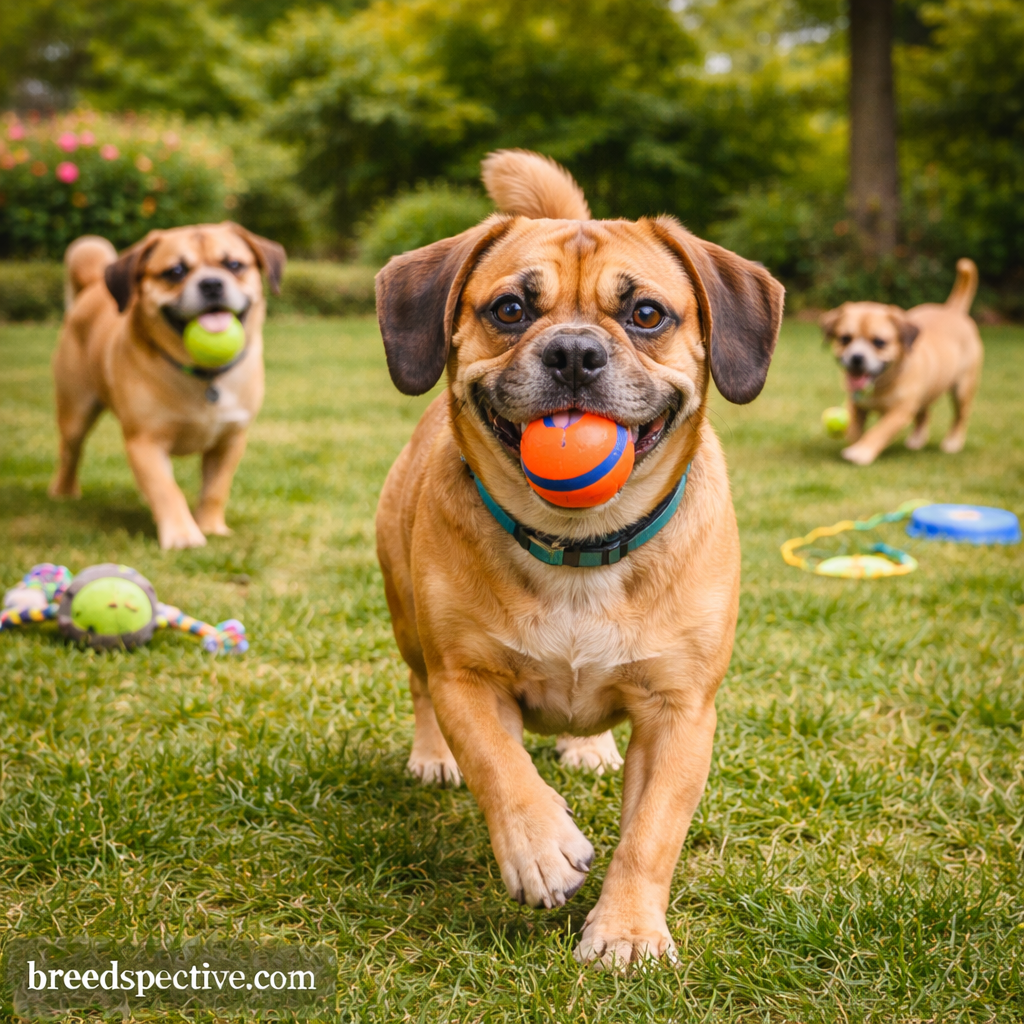 Puggle running with a toy while other Puggles play in the background outdoors.