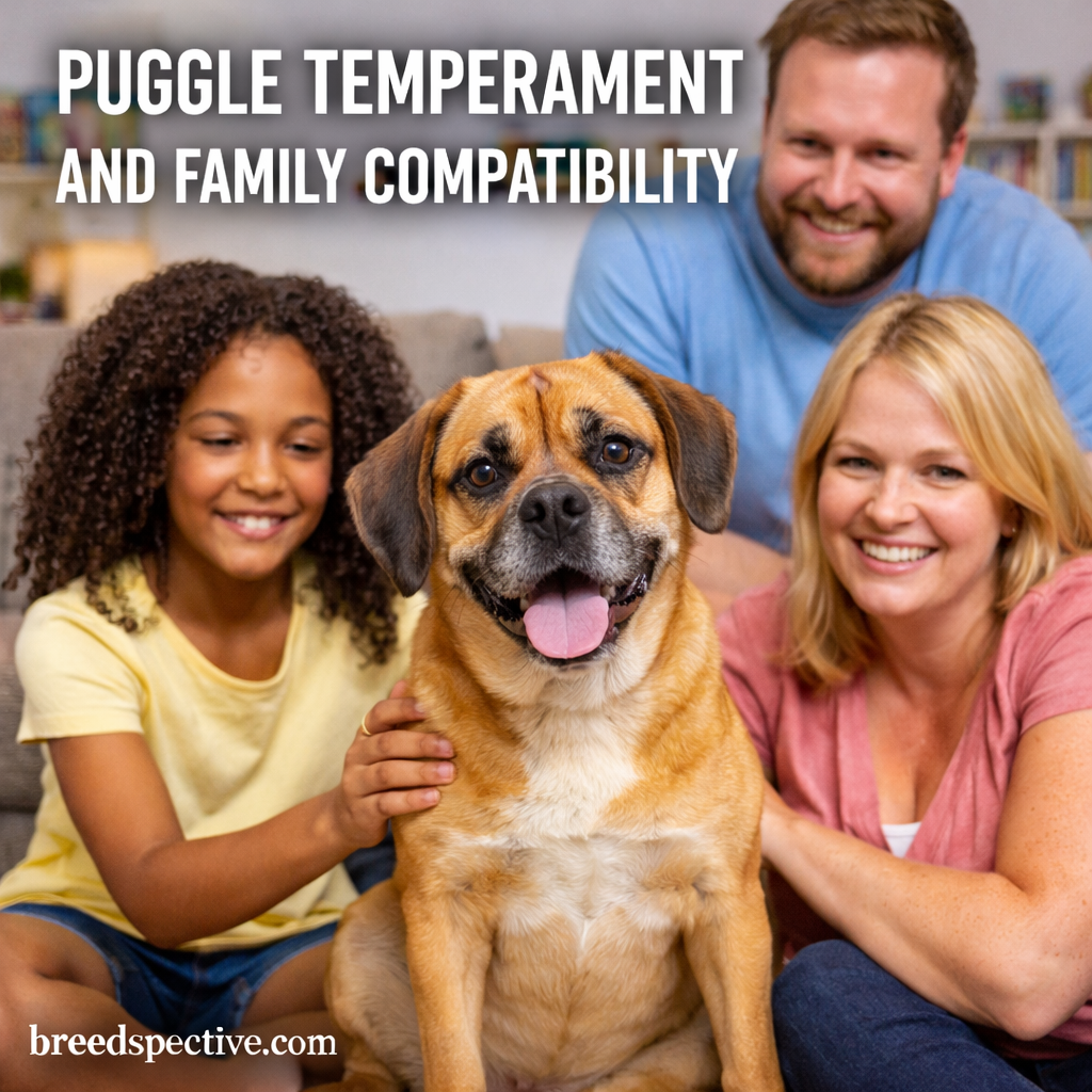 Puggle sitting indoors with a family, illustrating the breed’s friendly temperament and family compatibility.