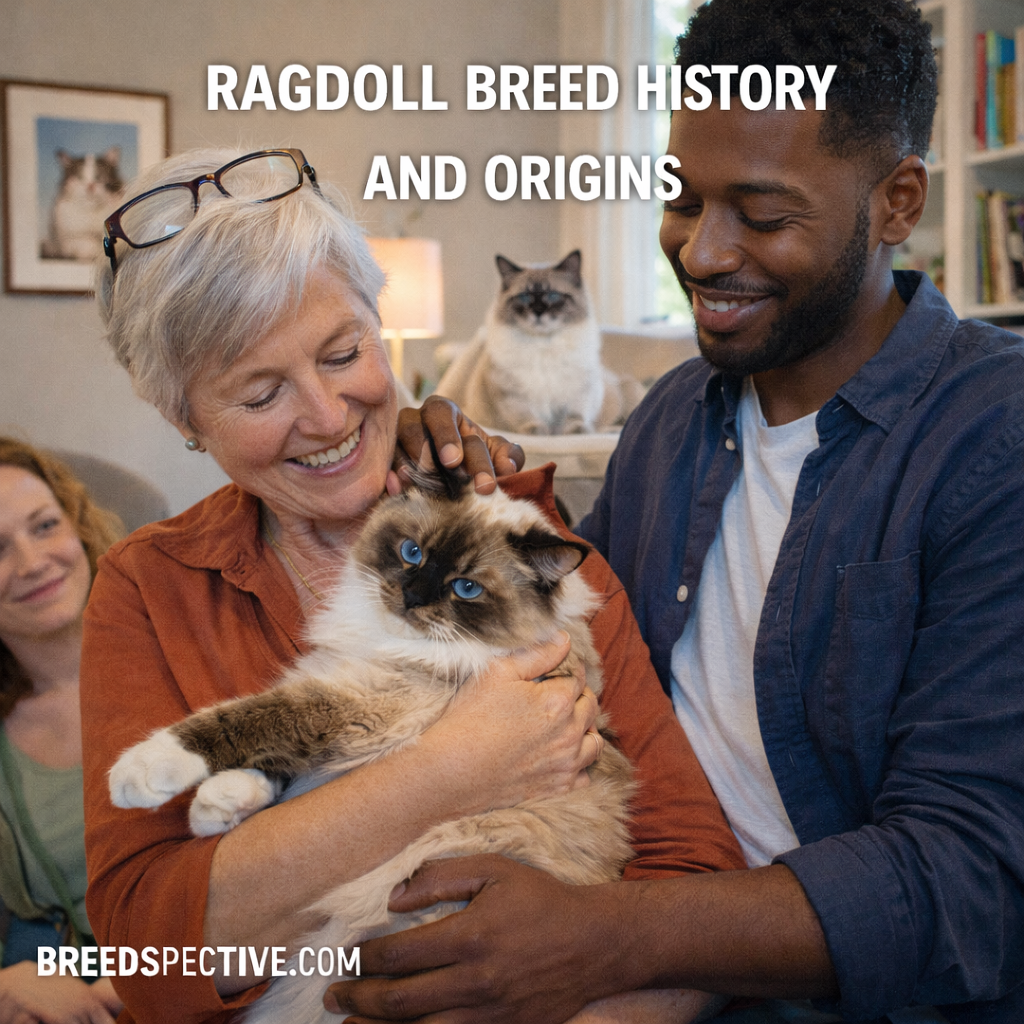 Ragdoll cat being held by people indoors, representing the breed’s history, origins, and companion-focused development.