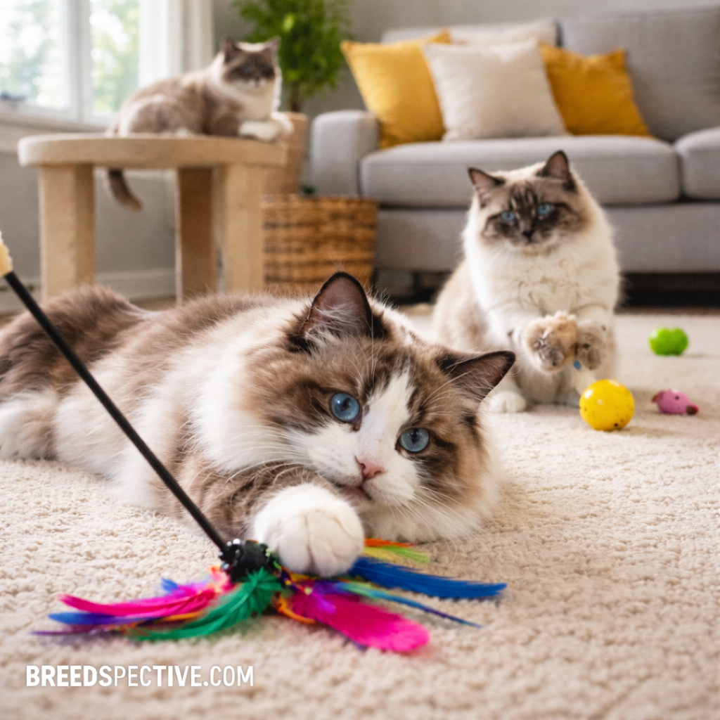 Ragdoll cats of different ages playing with toys indoors, showing gentle energy level and relaxed social behavior.