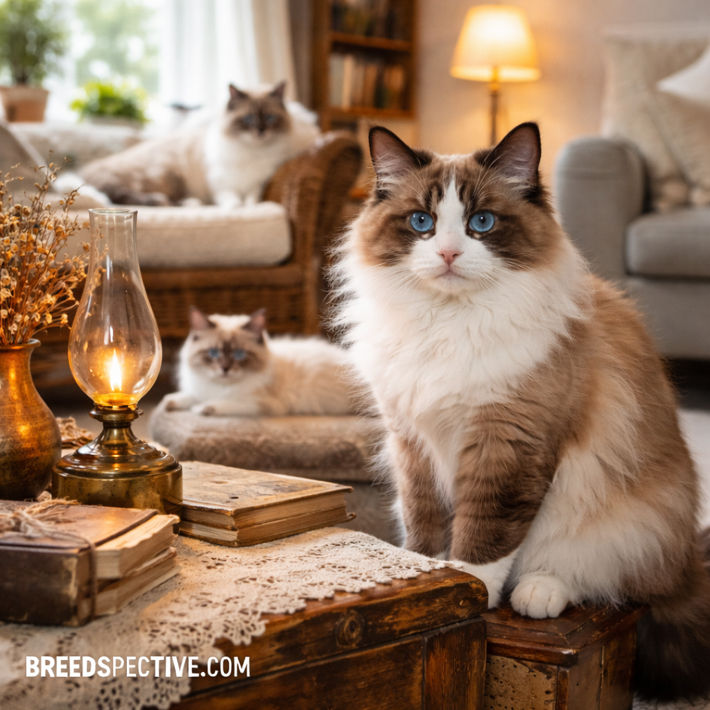 Ragdoll cats of different ages resting indoors, representing the breed’s early origins and calm temperament.