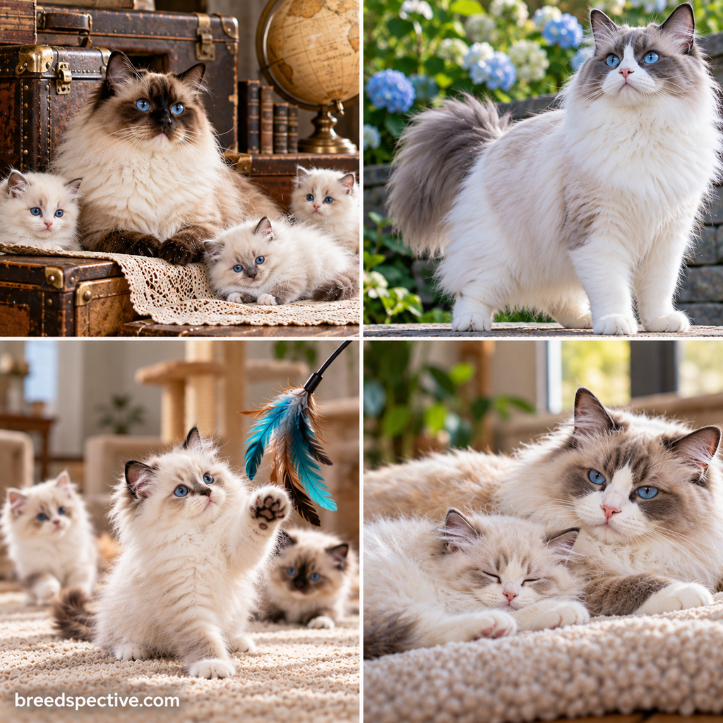 Ragdoll cats showing their large build, blue eyes, playful personality, and calm social behavior