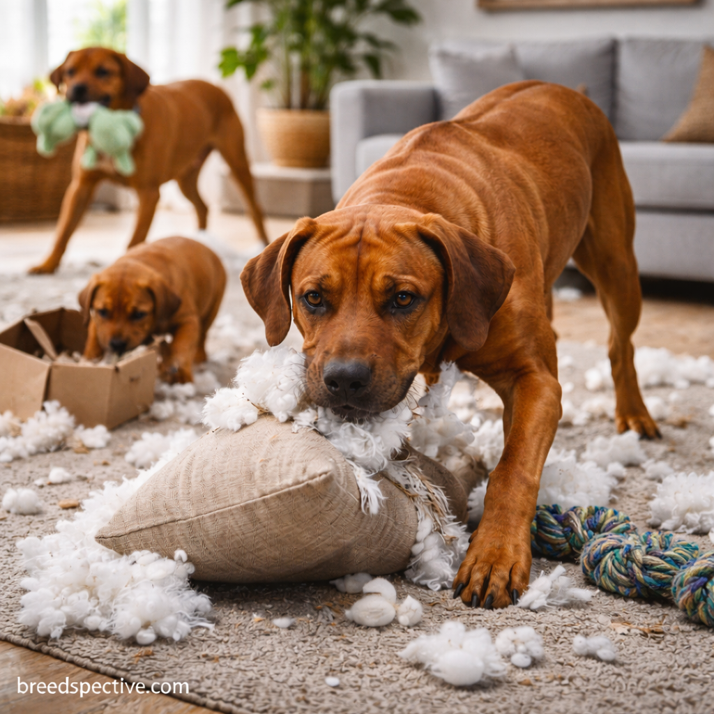 Rhodesian Ridgeback dogs displaying destructive behavior indoors due to boredom and excess energy.