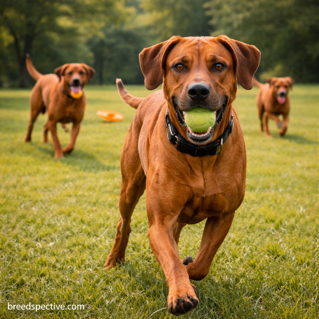 Rhodesian Ridgeback dogs of different ages playing fetch in an open grassy field.