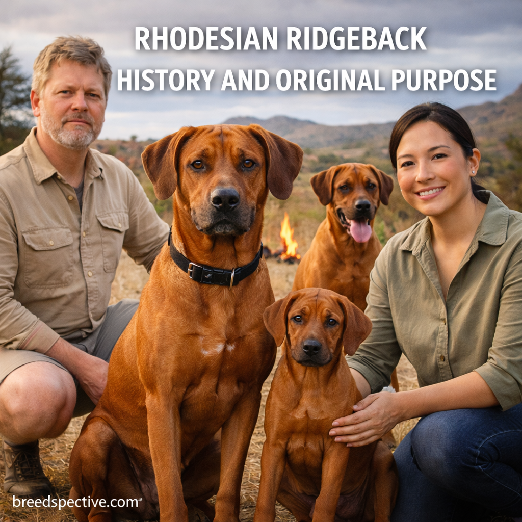 Rhodesian Ridgeback with owners representing the breed’s history and original purpose.