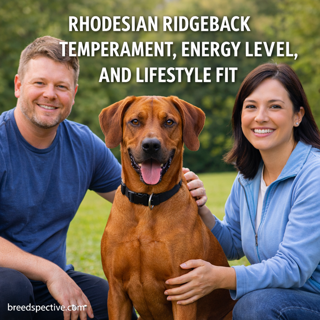 Rhodesian Ridgeback dog with owners illustrating temperament, energy level, and lifestyle fit.