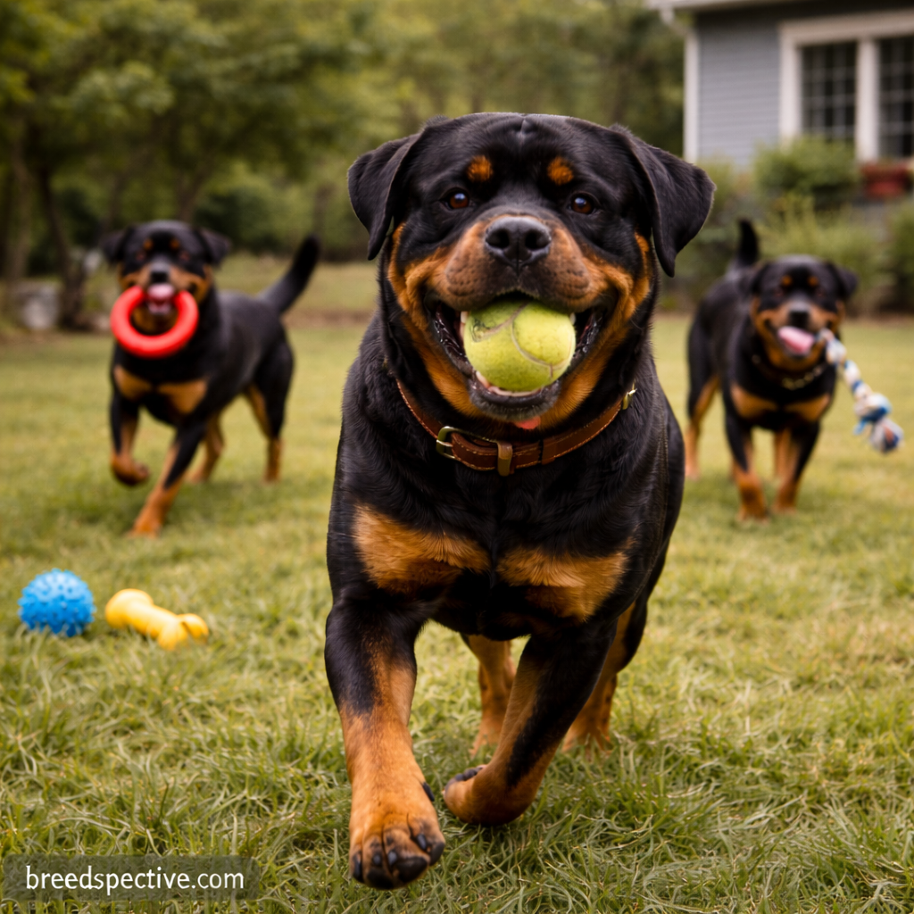 Rottweilers playing together with toys outdoors, showing how physical activity helps prevent boredom-related behavioral issues.