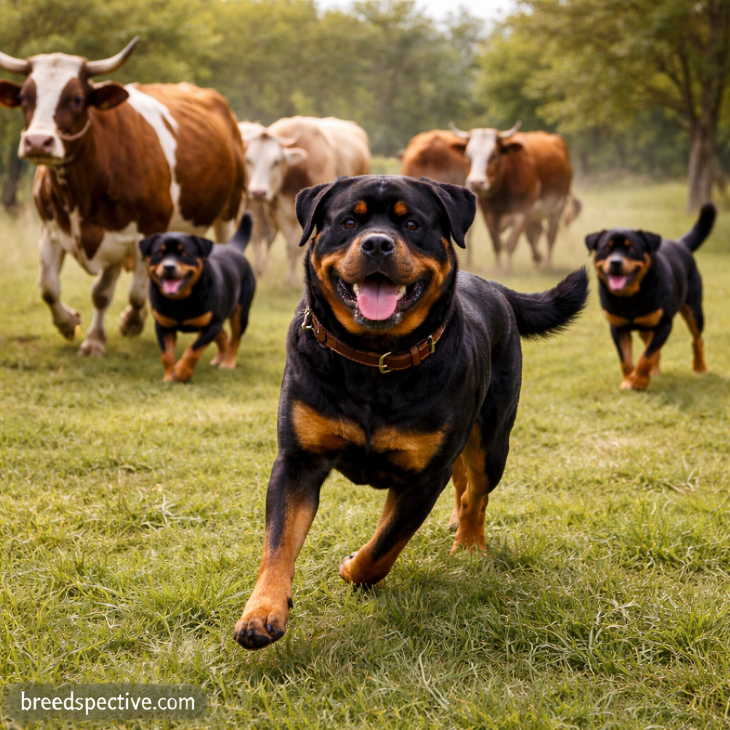 Rottweilers herding cattle in an open pasture, showing the breed’s original purpose as a powerful working and guarding dog.