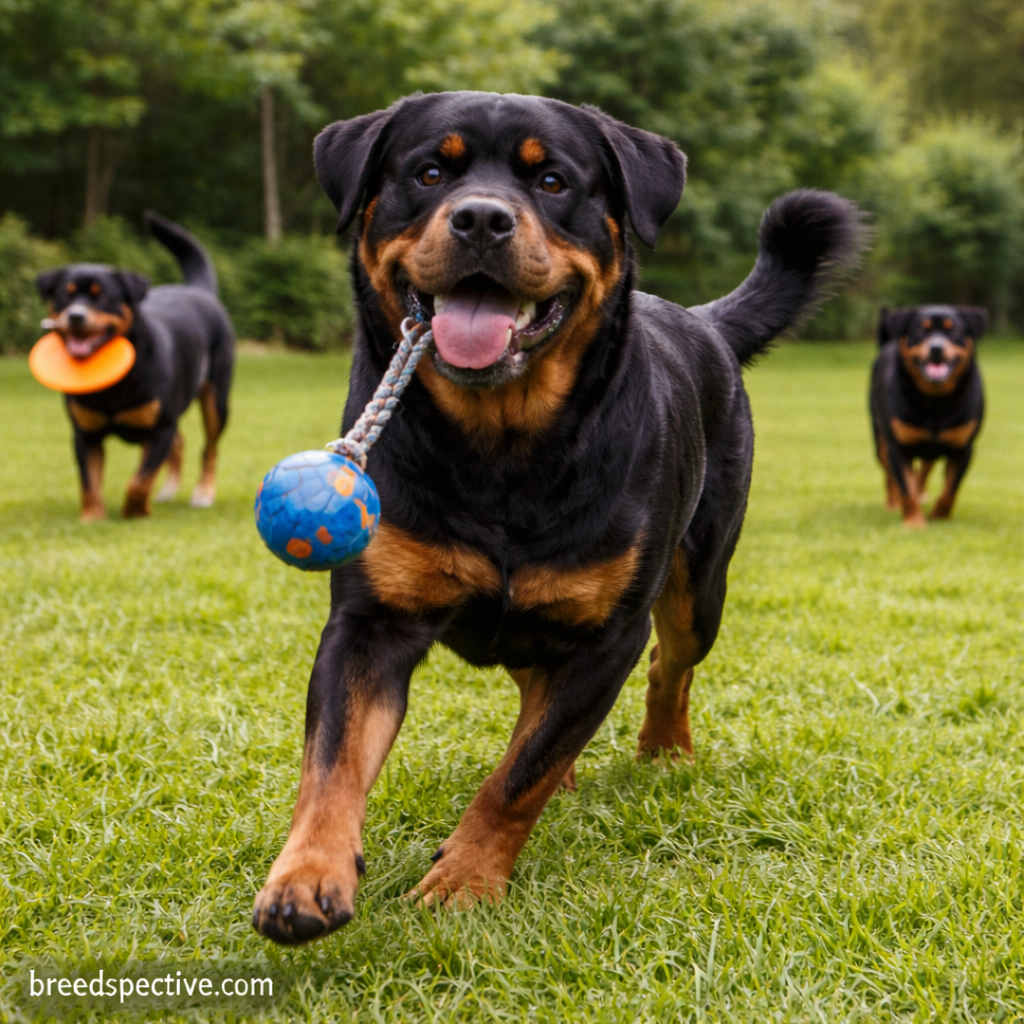Rottweilers of different ages playing together outdoors, showing the breed’s energy level and exercise needs.