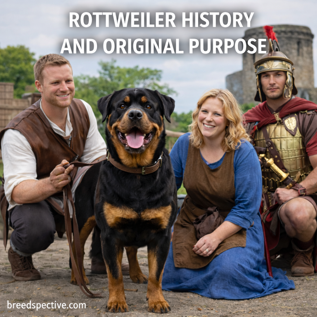 Rottweiler standing with people in a historical setting, representing the breed’s origins as a working and guarding dog.