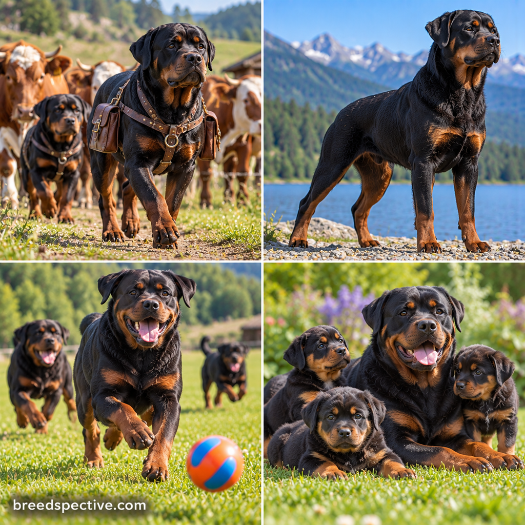 Rottweilers driving cattle, displaying their powerful working build, running, playing, and interacting at different ages.