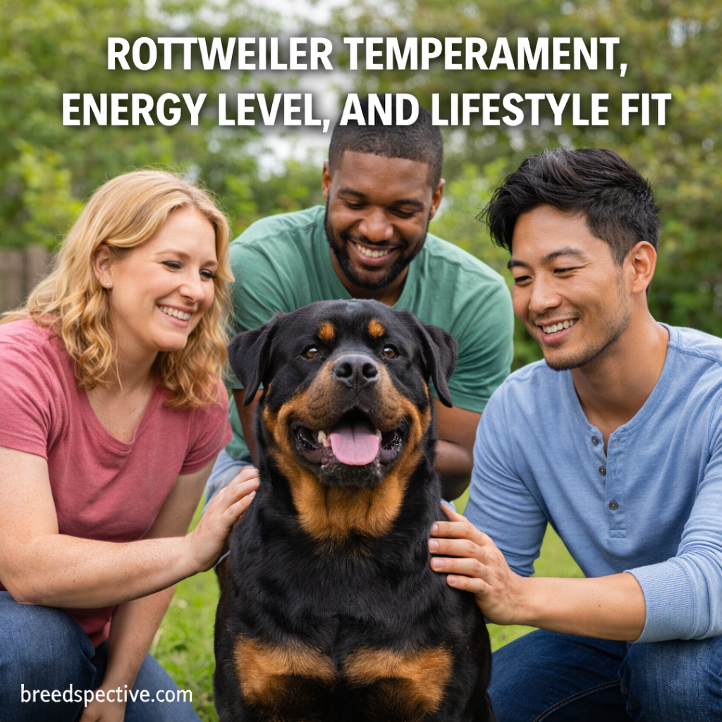 Rottweiler sitting with a diverse group of people illustrating the breed’s calm temperament, loyalty, and family compatibility.
