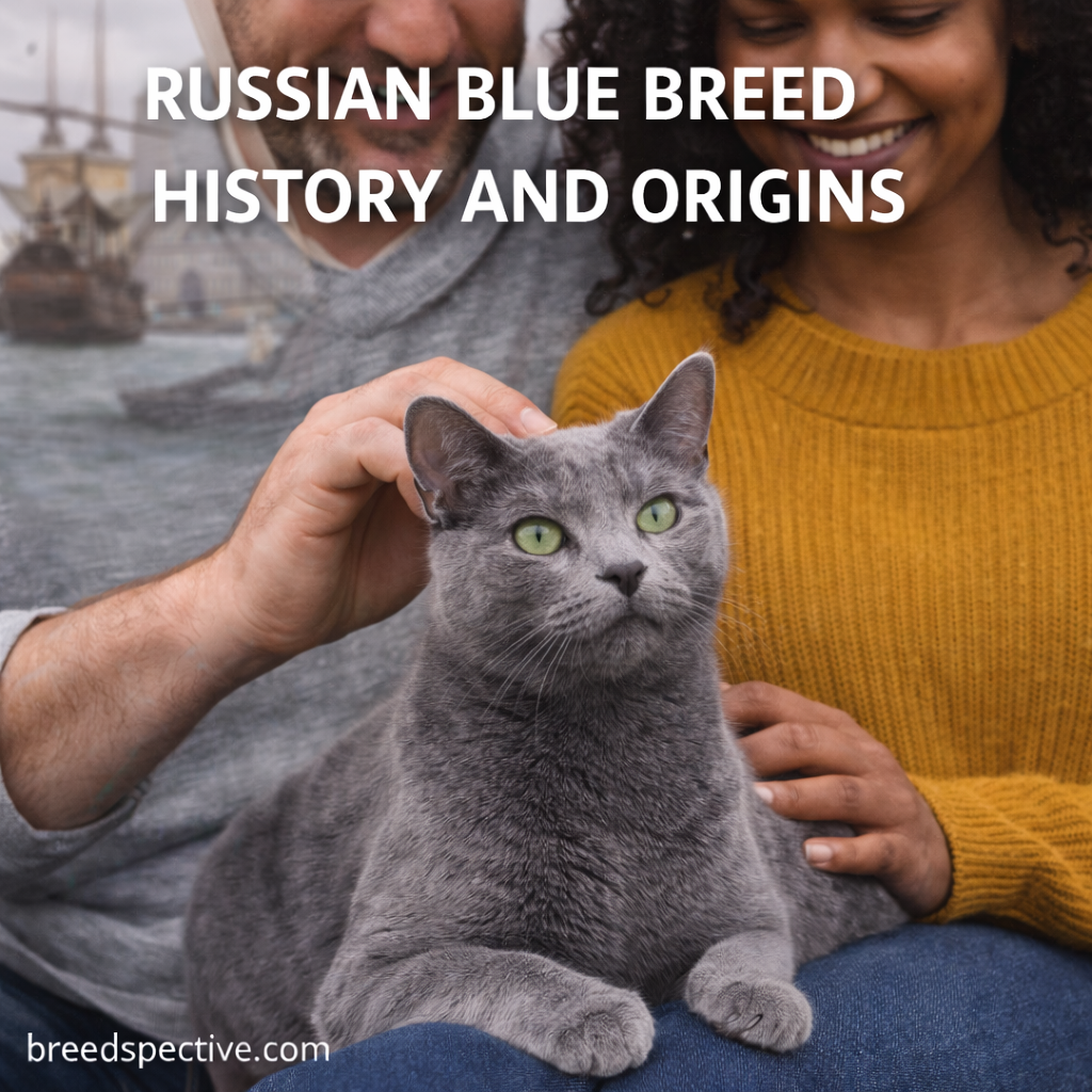 Russian Blue cat with silver-blue coat and green eyes sitting calmly with diverse owners, representing the breed’s historical origins.