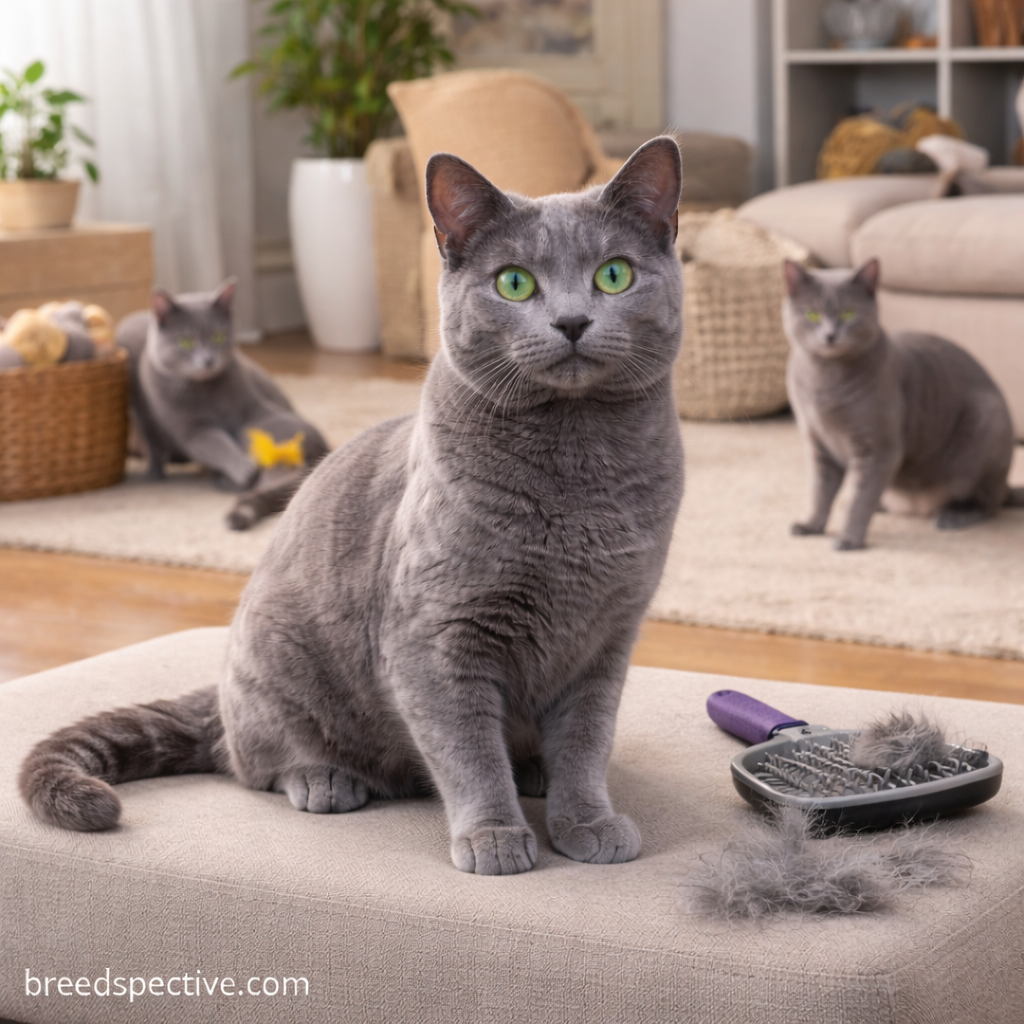 Russian Blue cats of different ages indoors with grooming tools nearby, showing healthy coats and routine brushing needs.