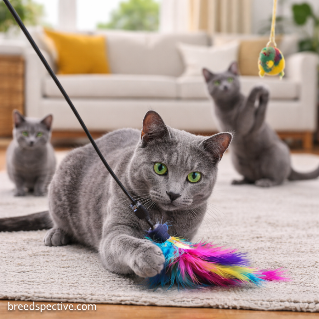 Russian Blue cats of different ages playing indoors with toys, showing the breed’s moderate energy level and gentle play style.