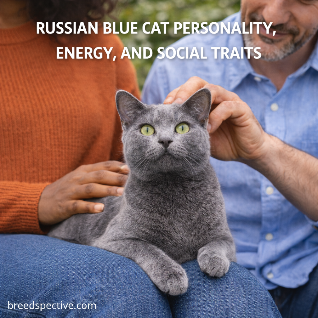 Russian Blue cat with green eyes resting calmly while being gently petted by diverse owners, showing the breed’s quiet and affectionate personality.