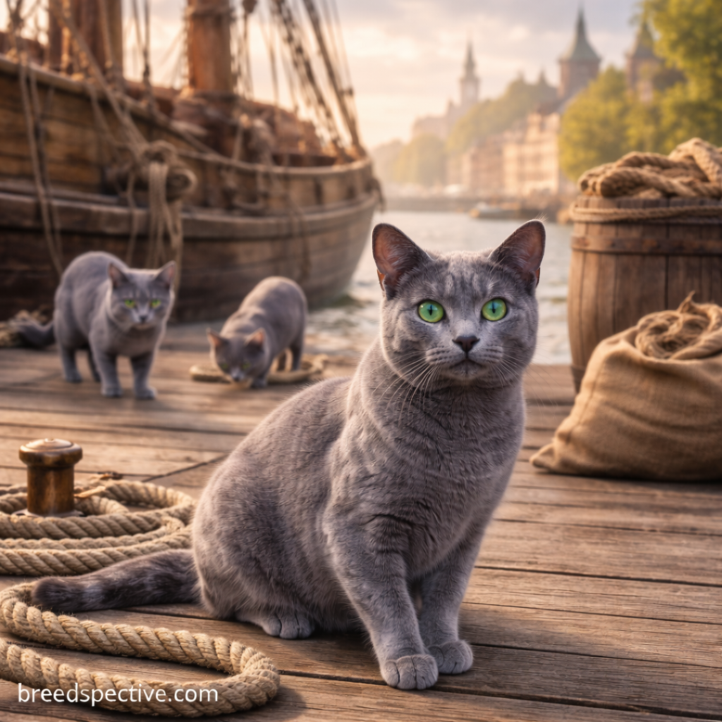 Russian Blue cats of different ages near a historic harbor setting, reflecting the breed’s early origins in northern Russia.