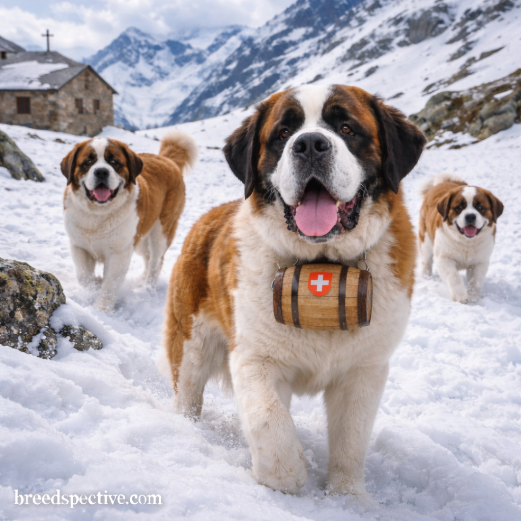 Saint Bernard dogs walking through a snowy alpine landscape, representing the breed’s historical mountain rescue role.