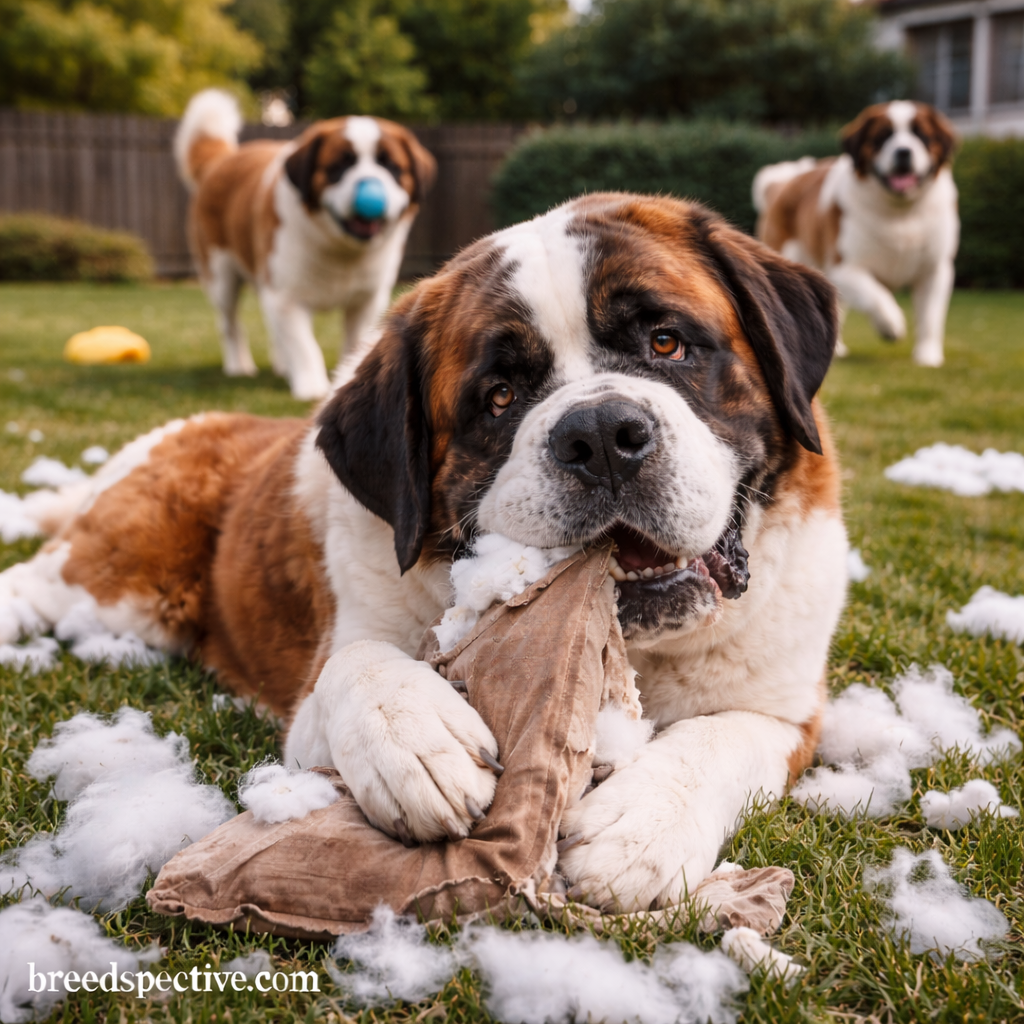 Saint Bernard chewing a torn pillow in a backyard while other Saint Bernards play in the background.