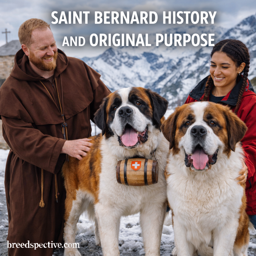 Saint Bernard dogs standing in a snowy alpine setting with caretakers, representing the breed’s historical rescue role in the mountains.