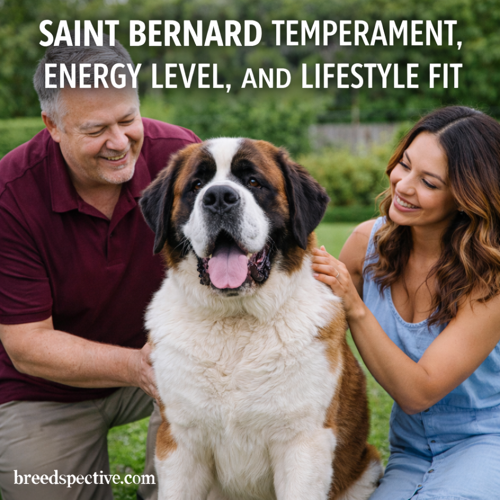 Saint Bernard sitting outdoors with owners, highlighting the breed’s gentle temperament and family-friendly nature.