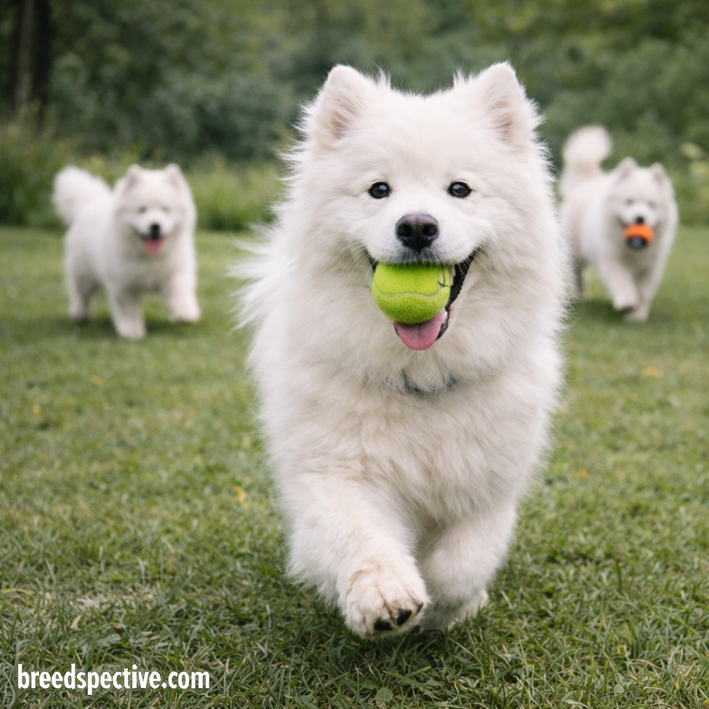 Three Samoyeds of different ages playing outdoors, demonstrating the breed’s high energy level and exercise needs.
