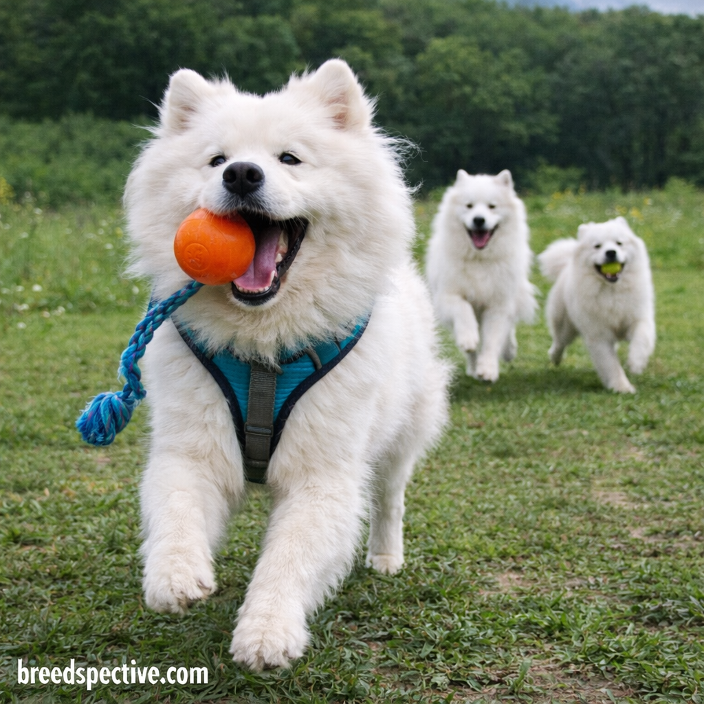 Samoyed dogs of different ages running and playing outdoors, illustrating high energy and restlessness behaviors.