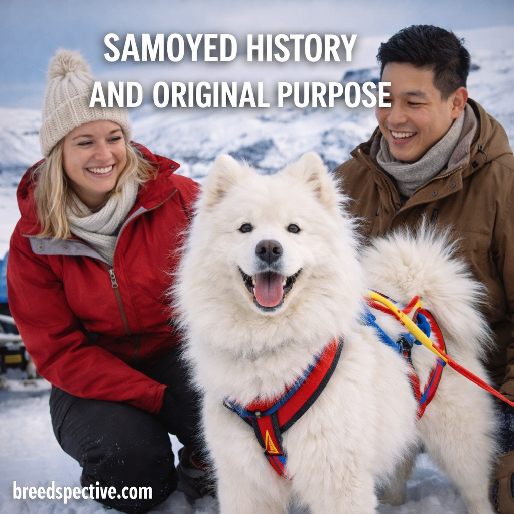 Samoyed in a snowy environment with people nearby, representing the breed’s history and original working purpose.