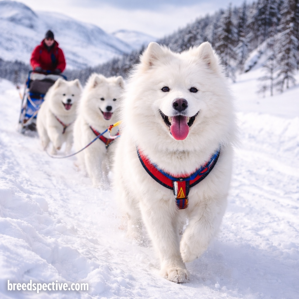 Samoyed dogs of different ages pulling a sled in snowy terrain, demonstrating the breed’s original Arctic working purpose.