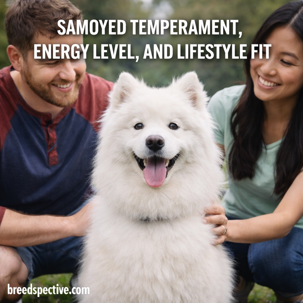 Samoyed sitting outdoors with people nearby, representing the breed’s temperament, energy level, and lifestyle fit.
