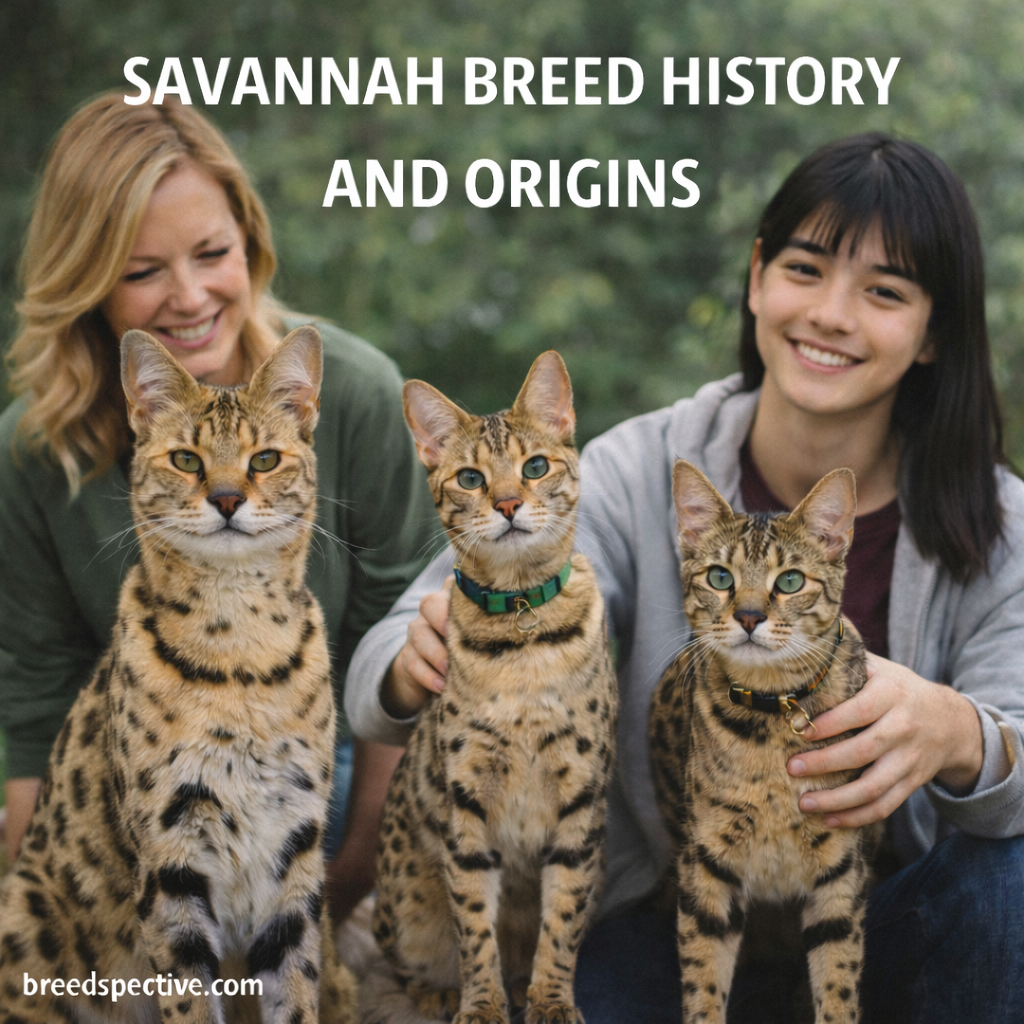 Savannah cats with owners outdoors, illustrating the breed’s hybrid history and exotic origins.