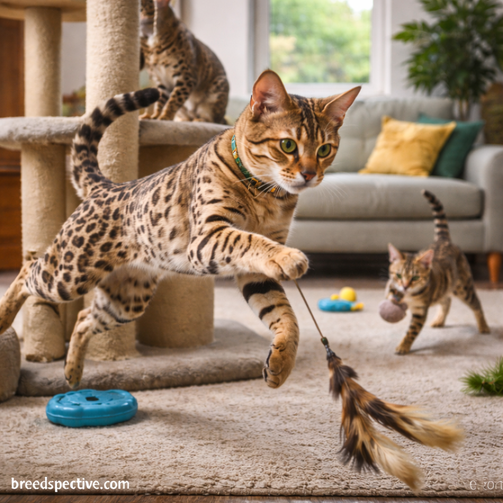 Savannah cats of different ages playing indoors, showing the breed’s high energy and need for daily enrichment.
