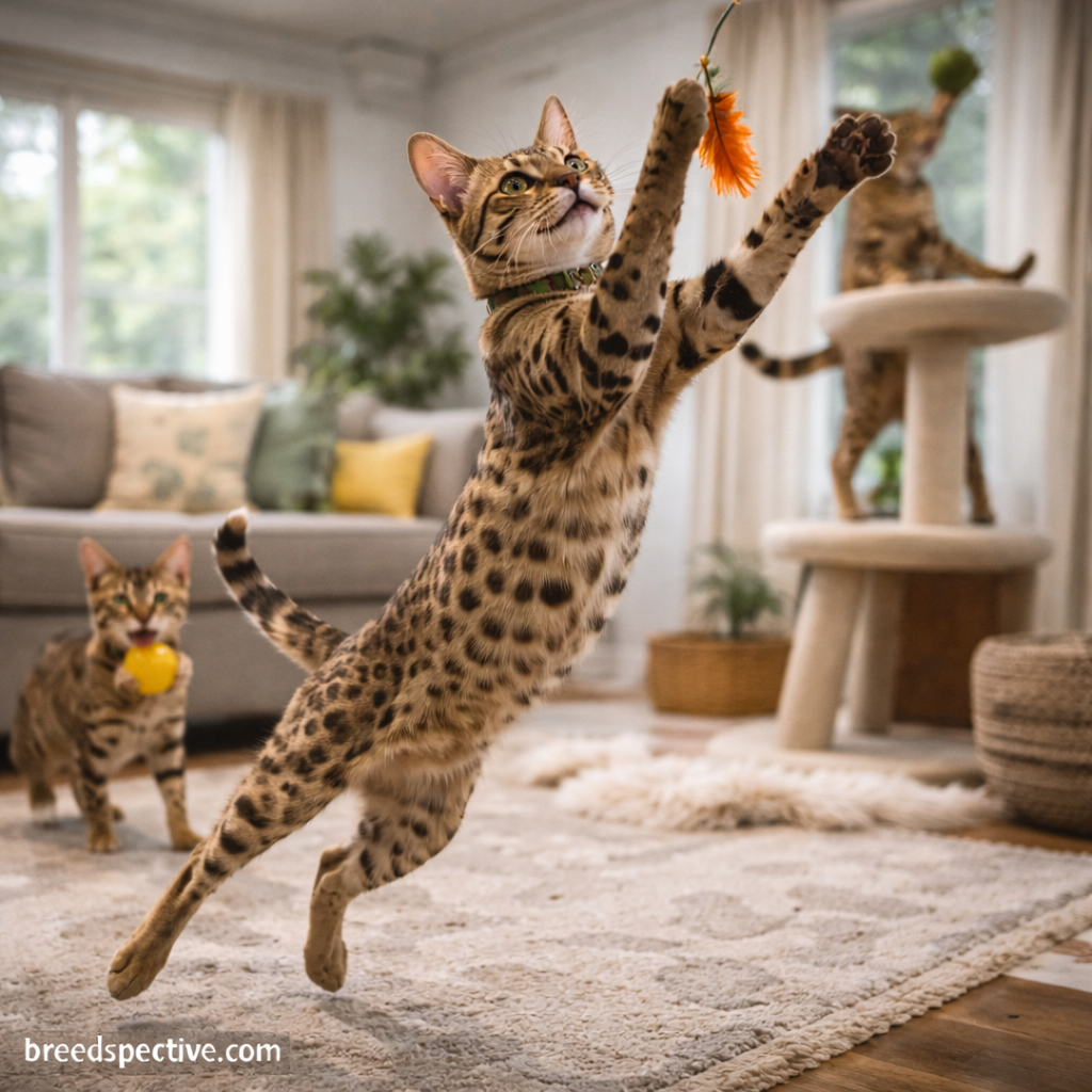 Savannah cats of different ages playing indoors, showing the breed’s high energy level and athletic nature.