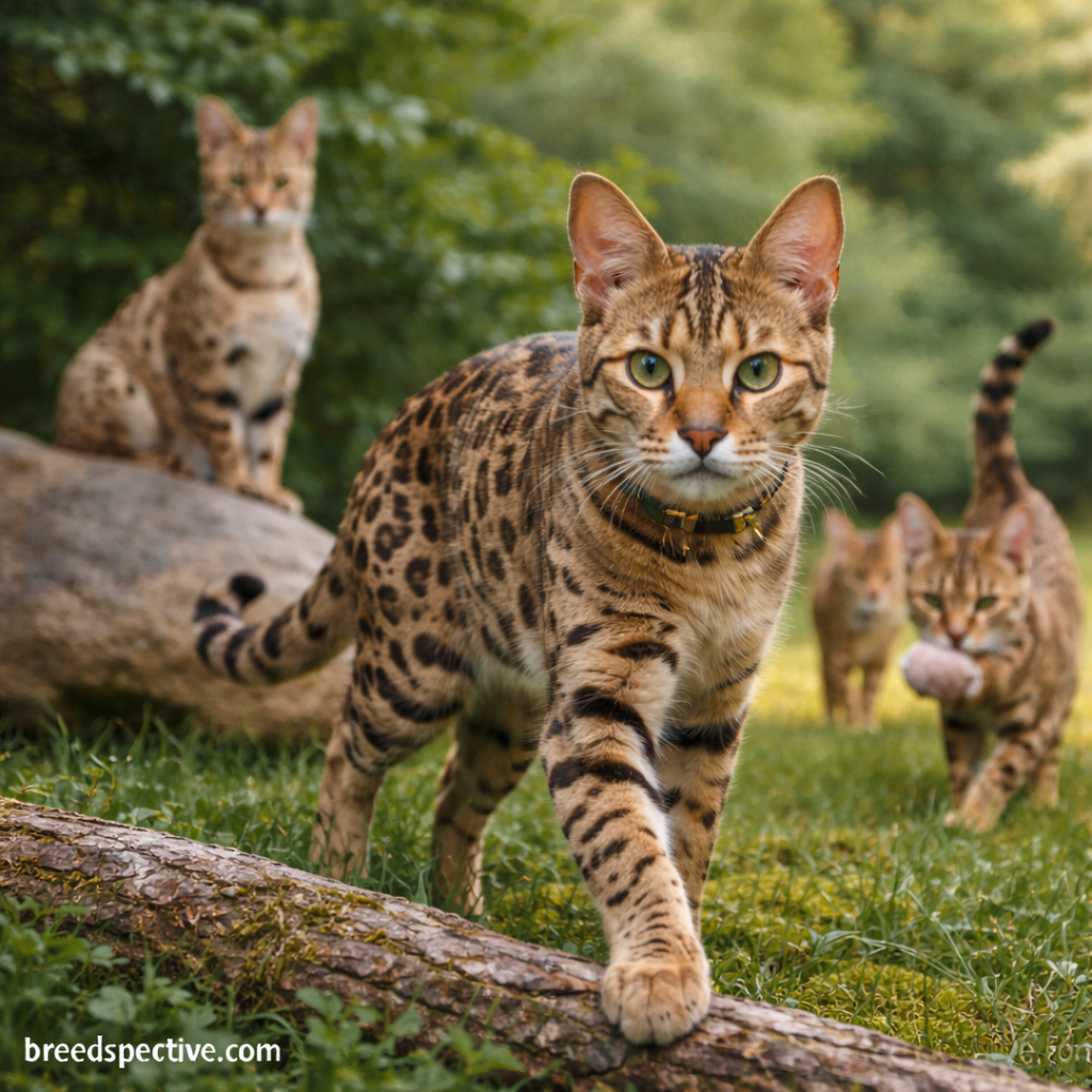 Savannah cats of different ages outdoors, showing physical traits influenced by African serval ancestry.