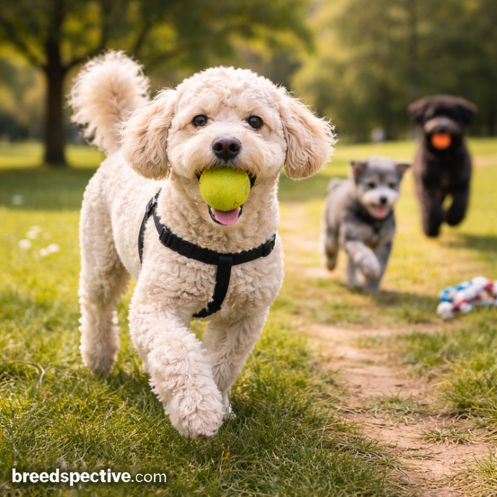 Schnoodle dogs of different ages playing outdoors with balls, showing the breed’s playful nature and moderate-to-high energy level.
