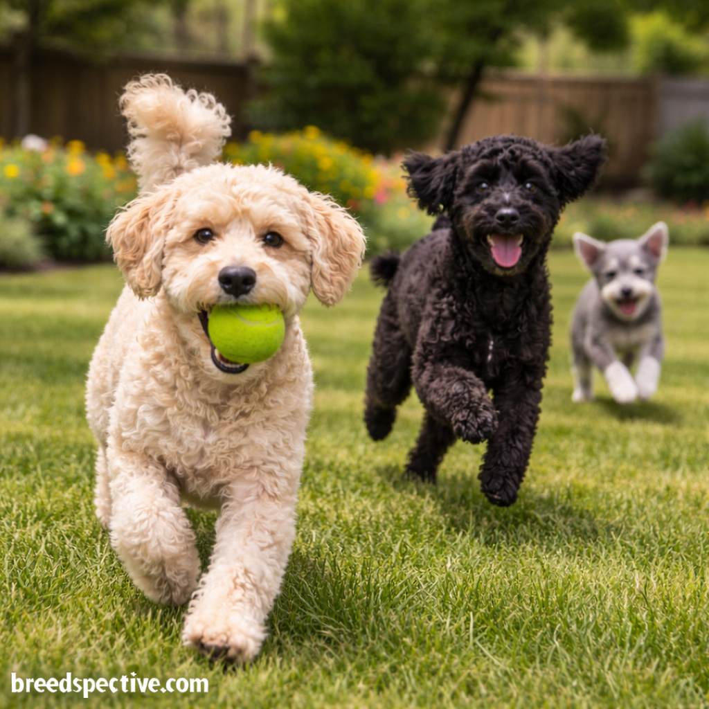 Schnoodle dogs of different ages playing fetch in a backyard, showing energetic exercise needs, athletic movement, and social play behavior.