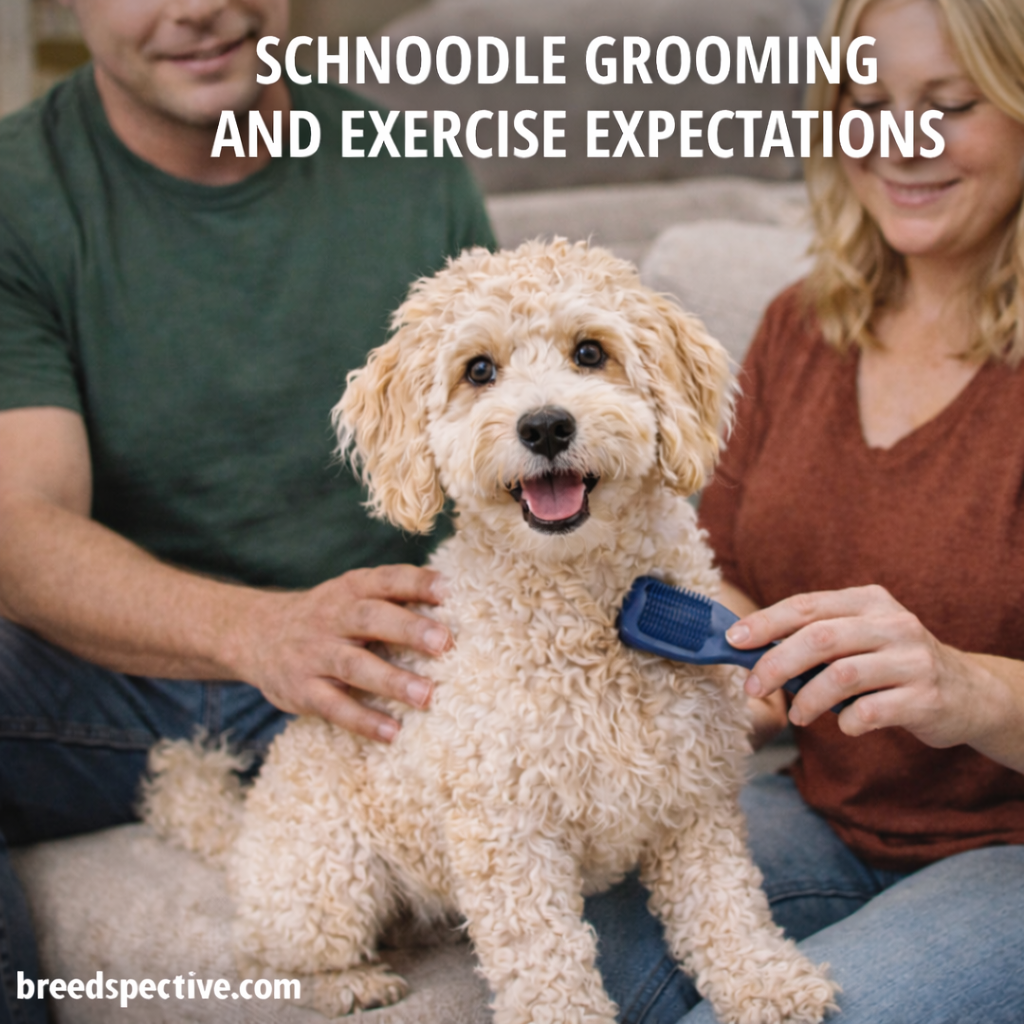 Schnoodle dog being gently brushed by two adults indoors, showing coat grooming needs, calm handling, and a people-oriented temperament.