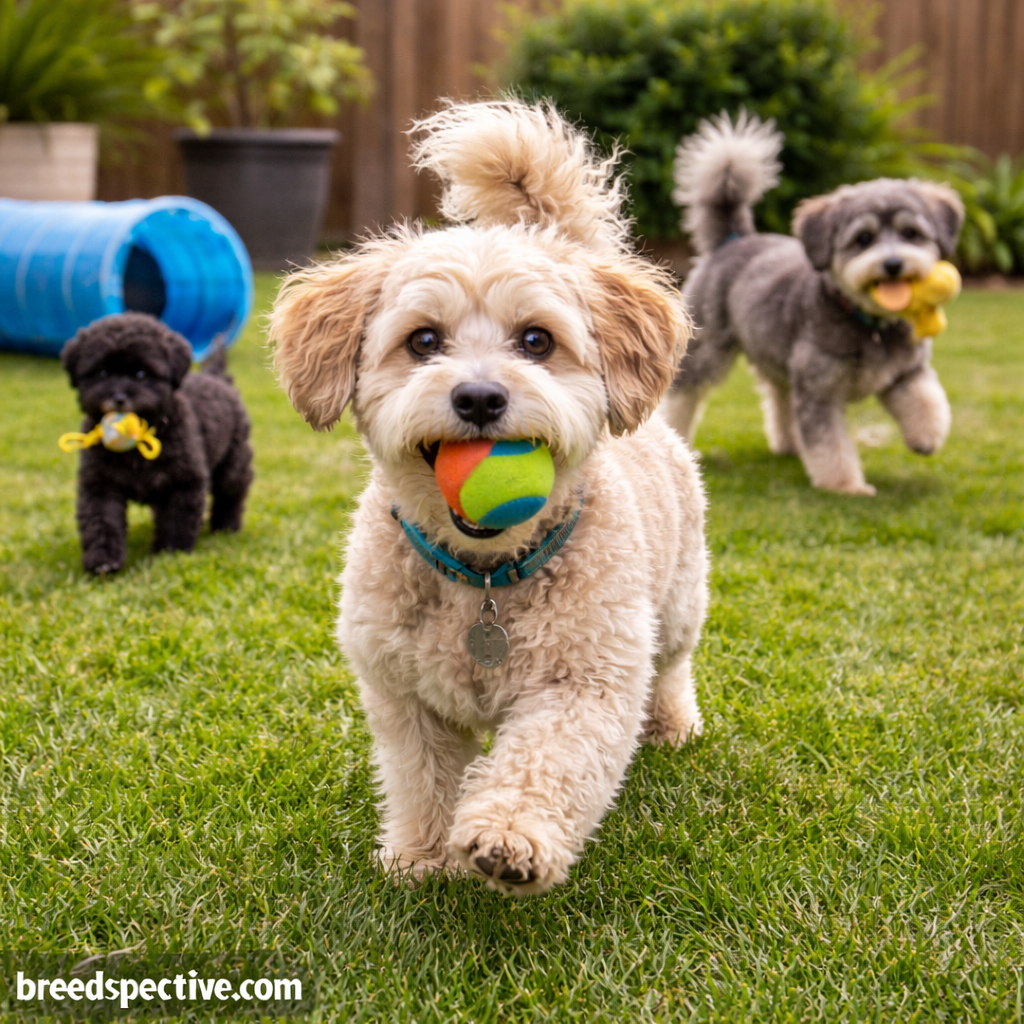 Schnoodle dogs of different ages playing fetch in a backyard, showing playful energy, social behavior, and friendly temperament.