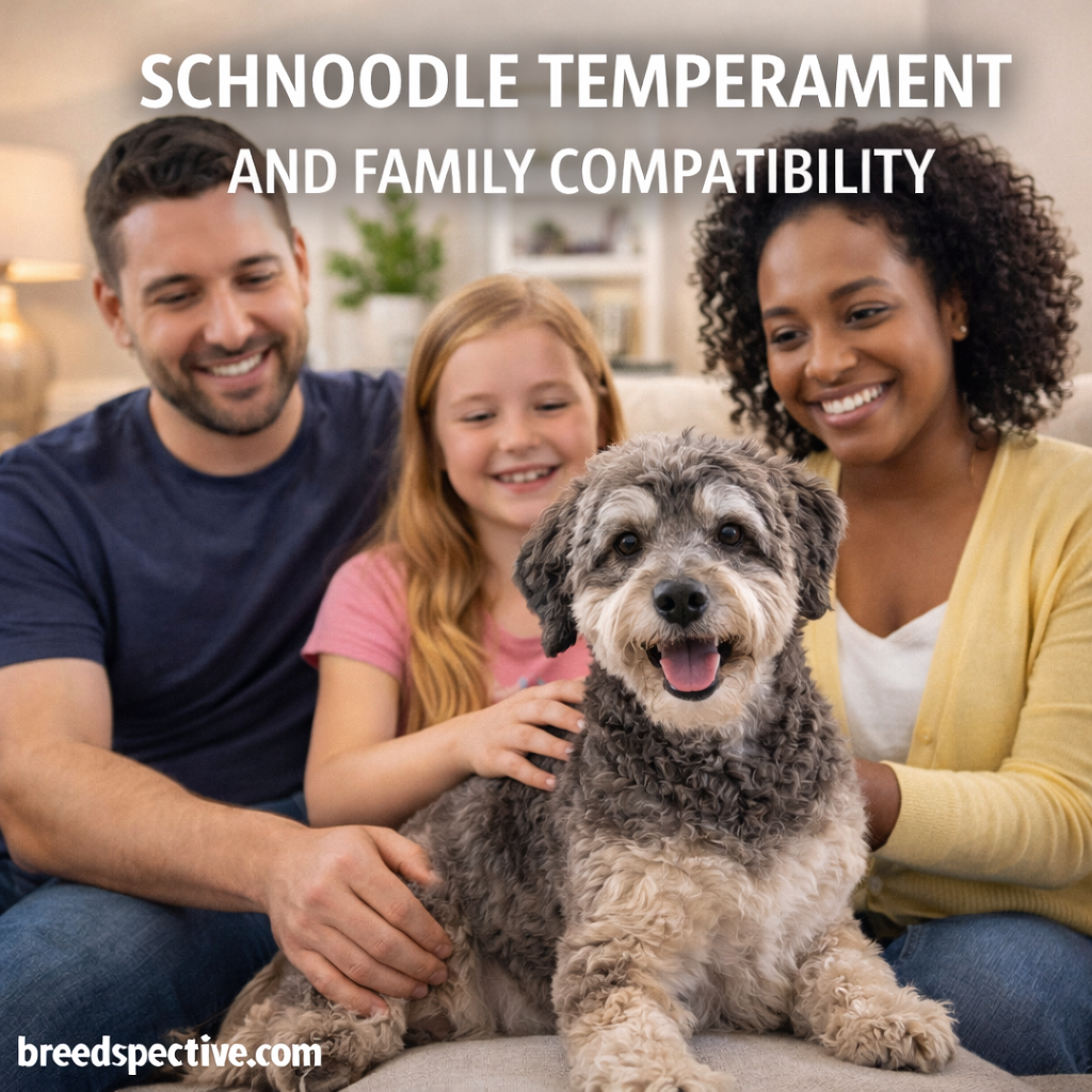 Schnoodle dog sitting with a smiling family indoors, showing friendly temperament, social behavior, and strong family compatibility.