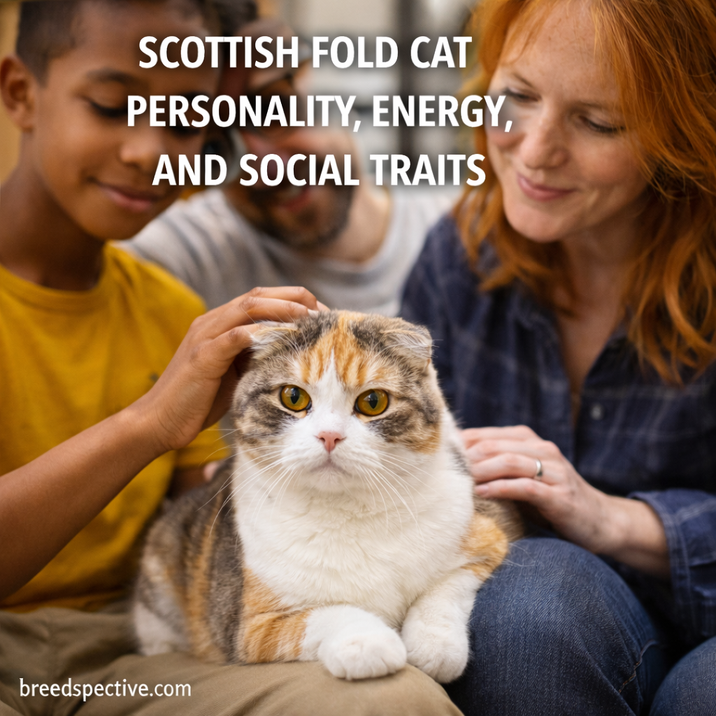 Scottish Fold cat being gently petted by a family, showing the breed’s affectionate personality and calm social nature.