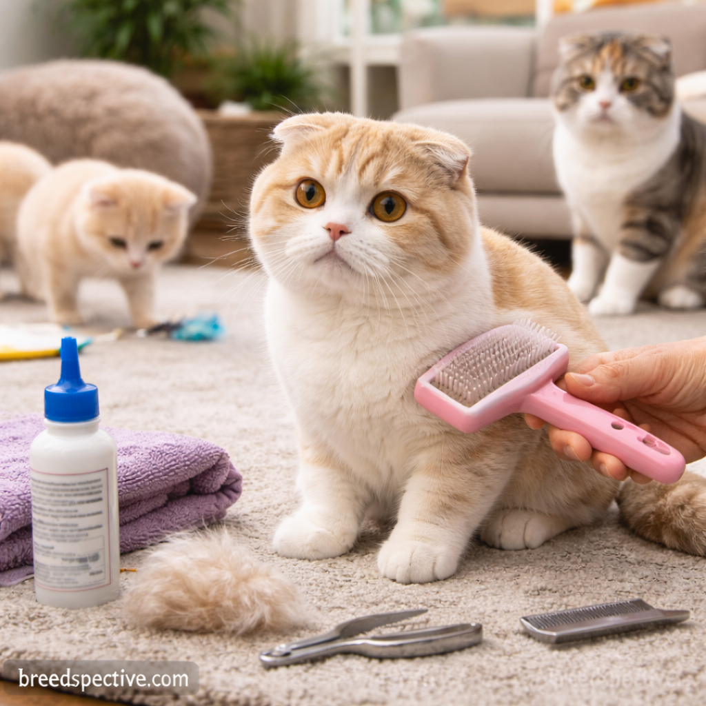 Scottish Fold cats of different ages during a grooming session, showing regular brushing and coat care needs.
